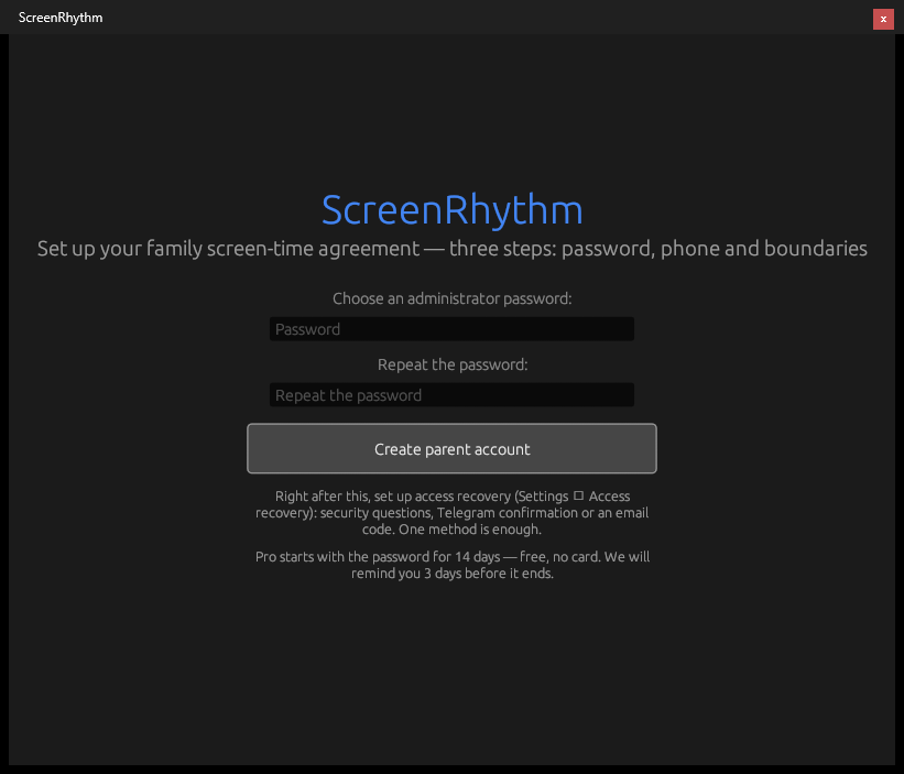 ScreenRhythm first-run screen asking the parent to choose an administrator password